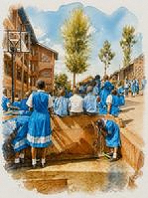 Watercolour of a schoolyard full of children in blue uniforms